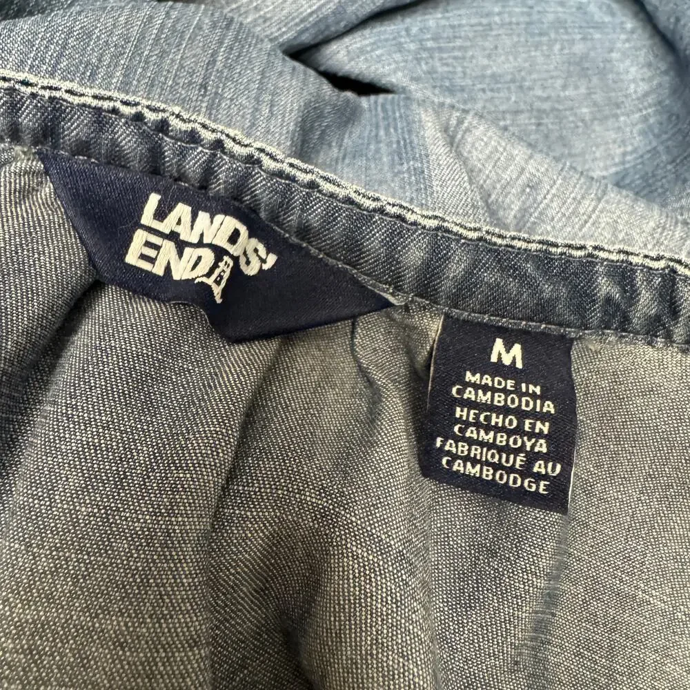 Lands End Tiered Dress Blue Chambray V-Neck Coastal Midi + Pockets Womens Medium - Picture 4 of 11